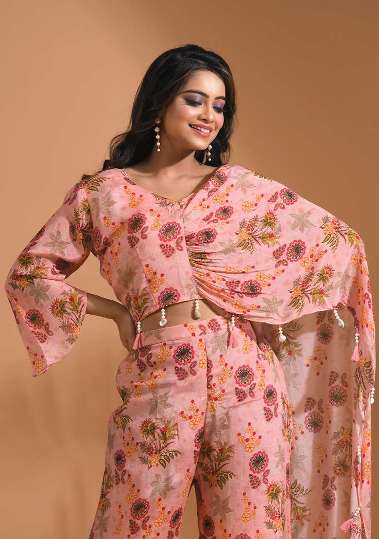 Cream Floral Print Chiffon Sharara Set - Indya