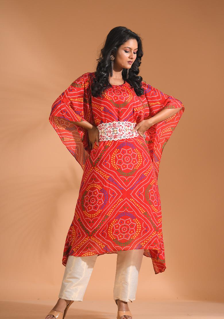 Red Embroidered Pure Chiffon Kurta Set