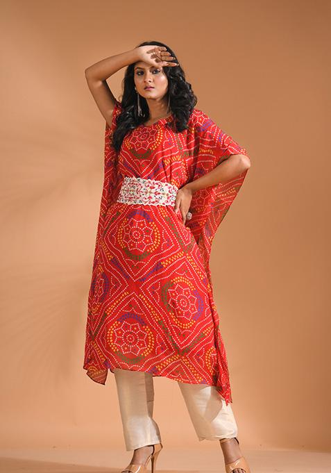 Red Embroidered Pure Chiffon Kurta Set