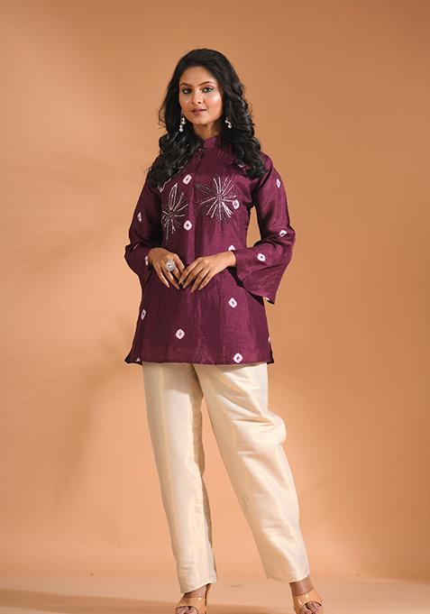 Purple Embroidered Pure Silk Kurta Set