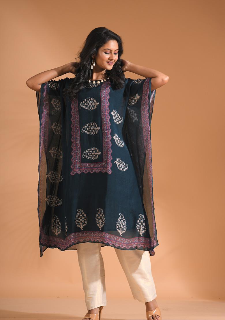 Blue Embroidered Pure Chiffon Kurta Set - Indya