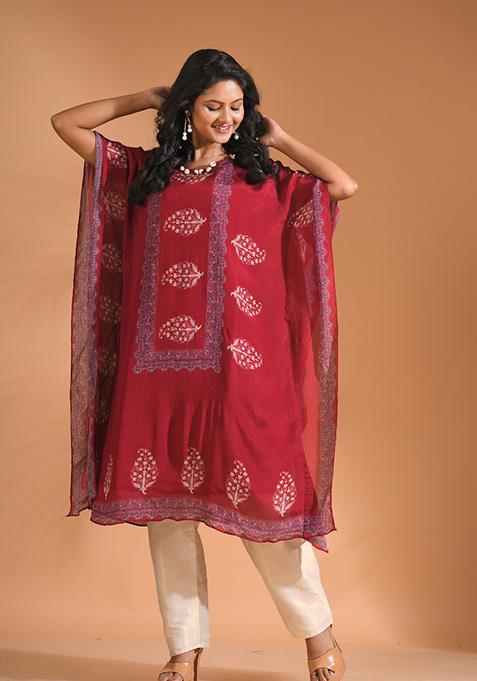 Maroon Embroidered Pure Chiffon Kurta Set