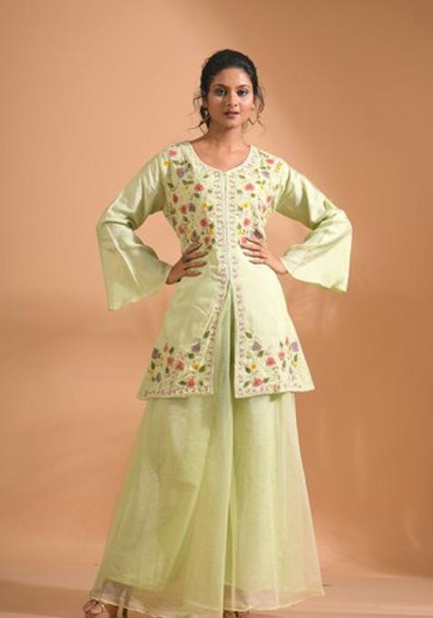 Green Embroidered Silk Blend Palazzo Set