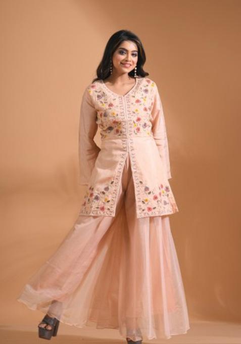 Pink Embroidered Silk Blend Palazzo Set