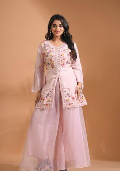 Peach Embroidered Silk Blend Palazzo Set