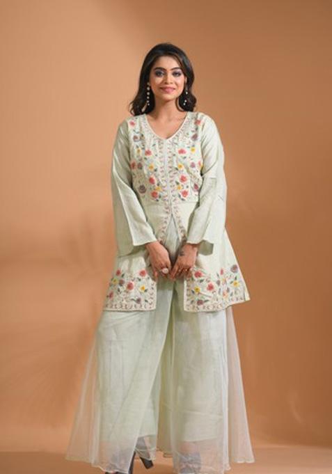 Green Embroidered Silk Blend Palazzo Set