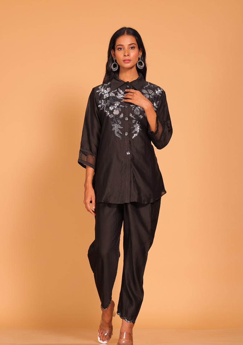 Black Embroidered Pure Silk Kurta Set - Indya