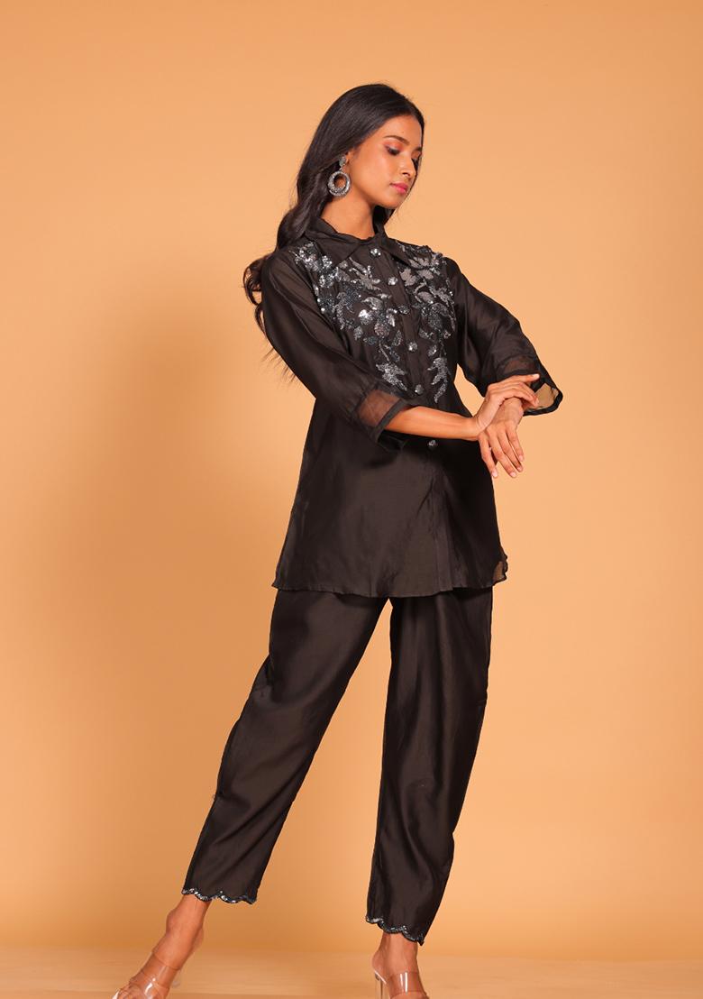 Black Embroidered Pure Silk Kurta Set - Indya
