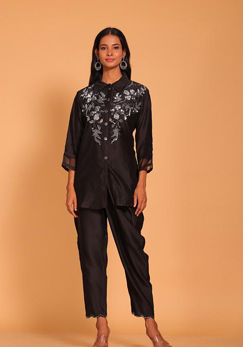 Black Embroidered Pure Silk Kurta Set