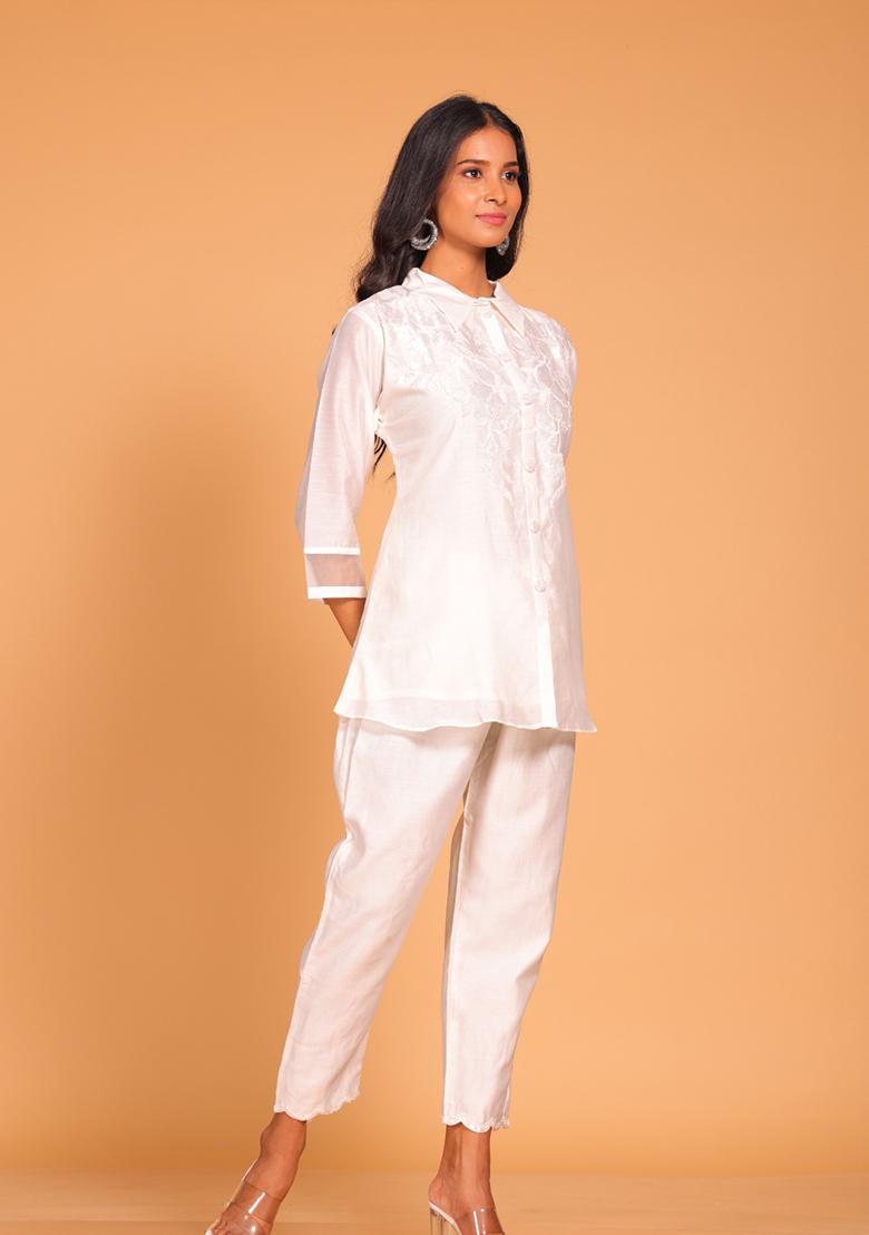 White Embroidered Pure Silk Kurta Set