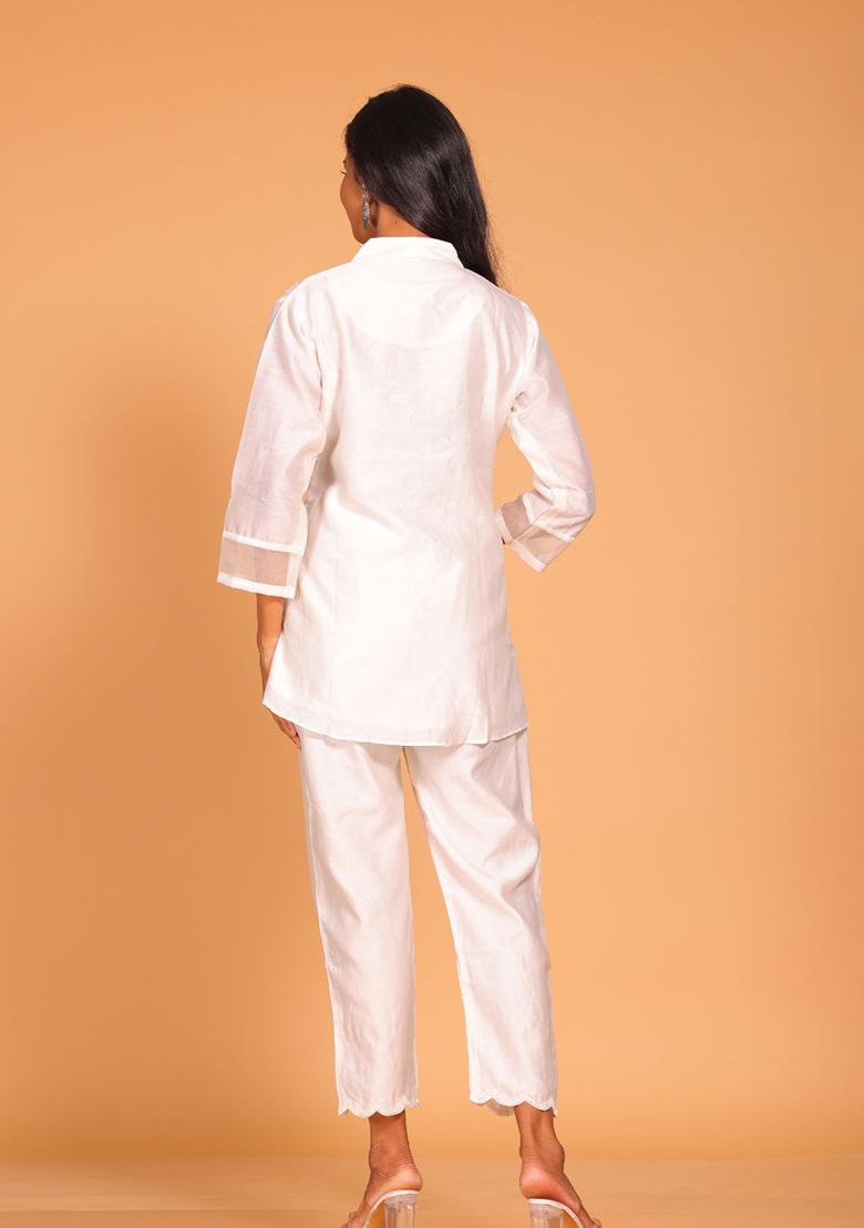 White Embroidered Pure Silk Kurta Set