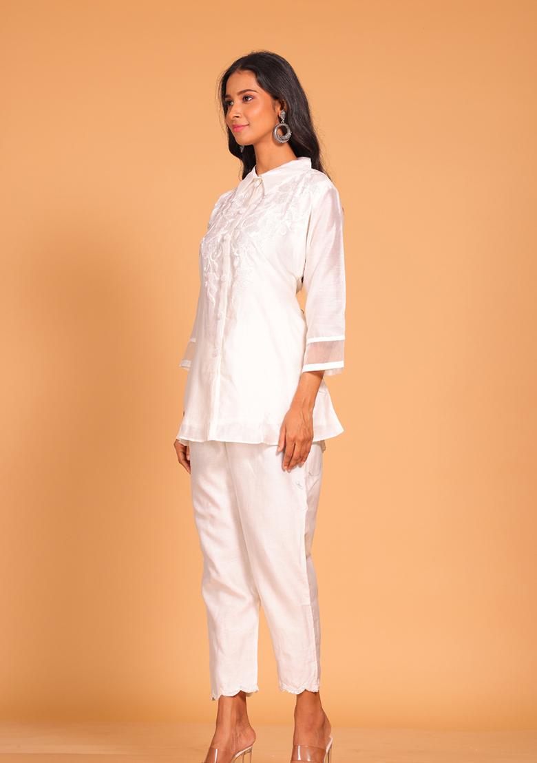 White Embroidered Pure Silk Kurta Set