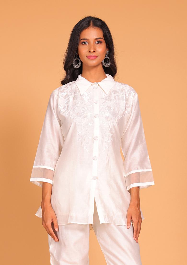 White Embroidered Pure Silk Kurta Set