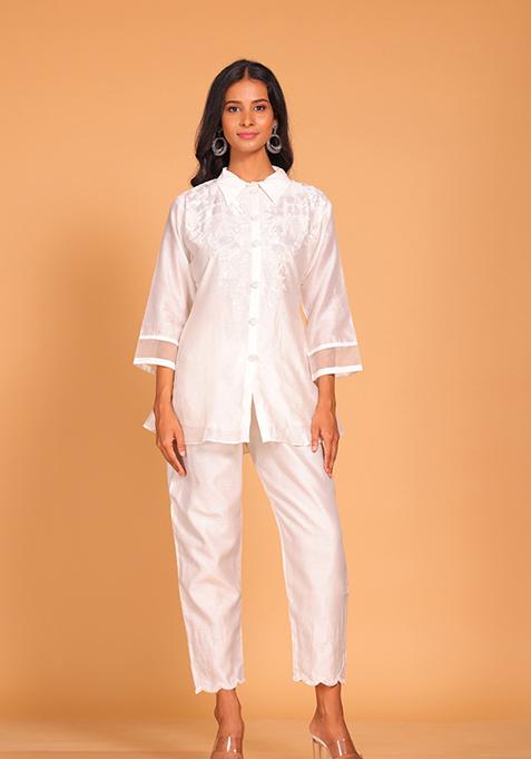 White Embroidered Pure Silk Kurta Set