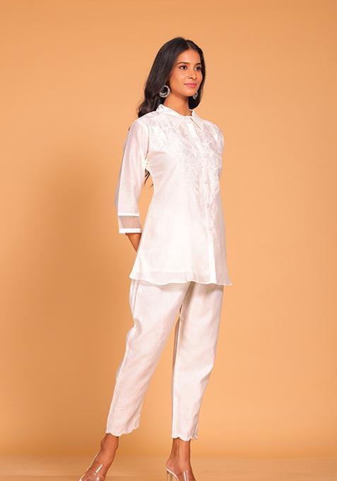White Embroidered Pure Silk Kurta Set