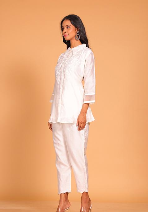 White Embroidered Pure Silk Kurta Set
