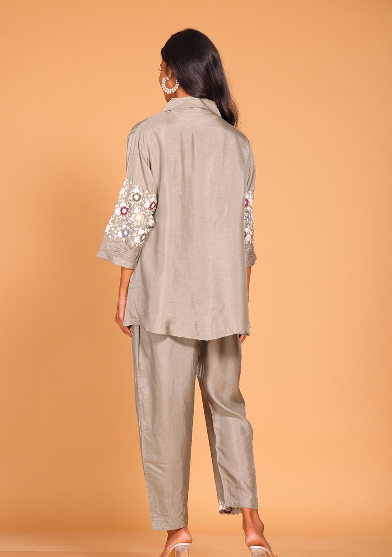 Grey Embroidered Pure Silk Kurta Set