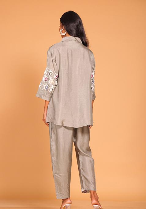 Grey Embroidered Pure Silk Kurta Set