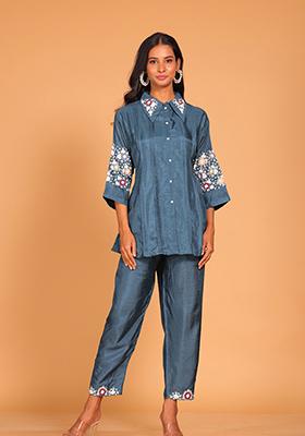 Blue Embroidered Pure Silk Kurta Set