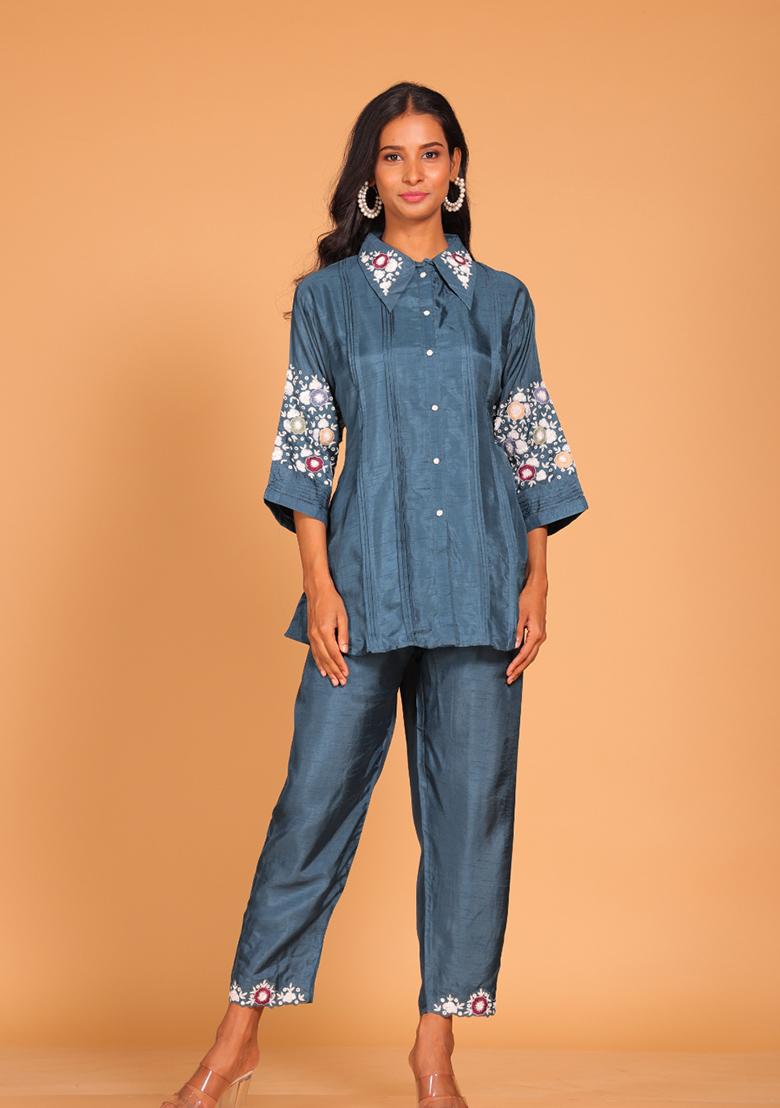 Blue Embroidered Pure Silk Kurta Set