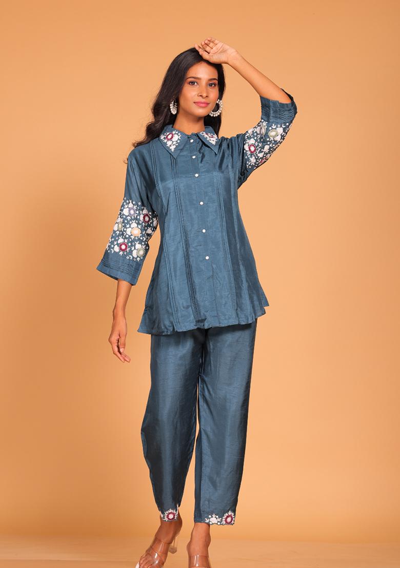 Blue Embroidered Pure Silk Kurta Set - Indya