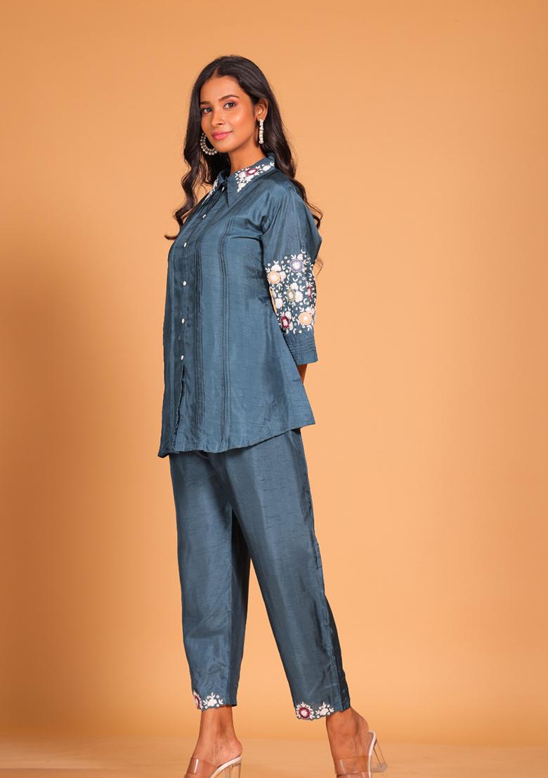 Blue Embroidered Pure Silk Kurta Set