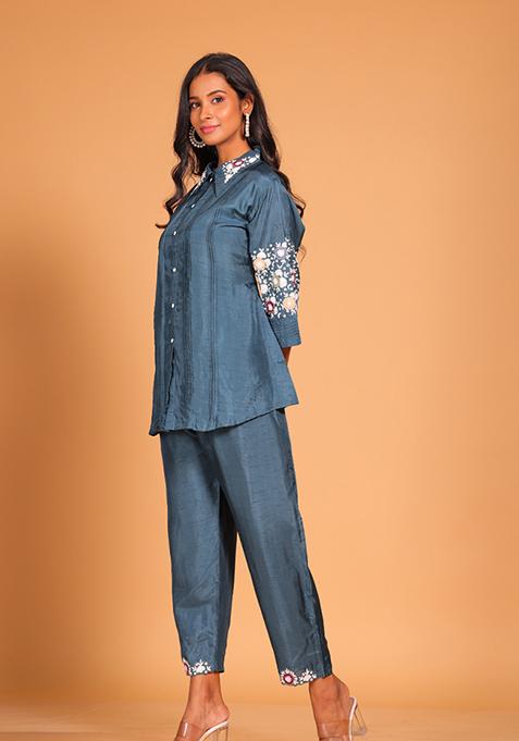 Blue Embroidered Pure Silk Kurta Set