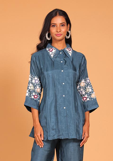 Blue Embroidered Pure Silk Kurta Set