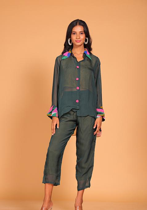 Green Embroidered Pure Silk Kurta Set