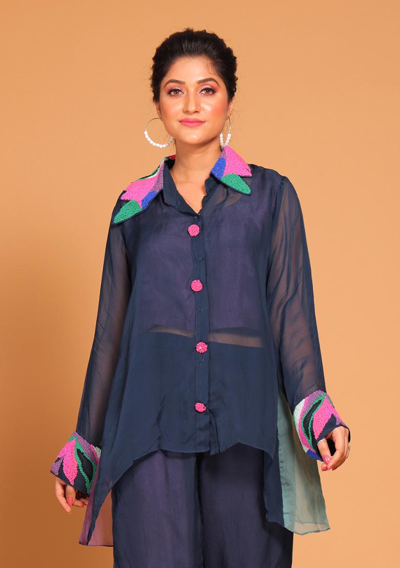 Blue Embroidered Pure Silk Kurta Set - Indya