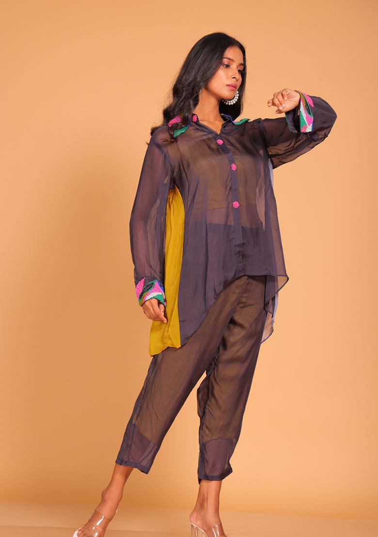 Blue Embroidered Pure Silk Kurta Set - Indya