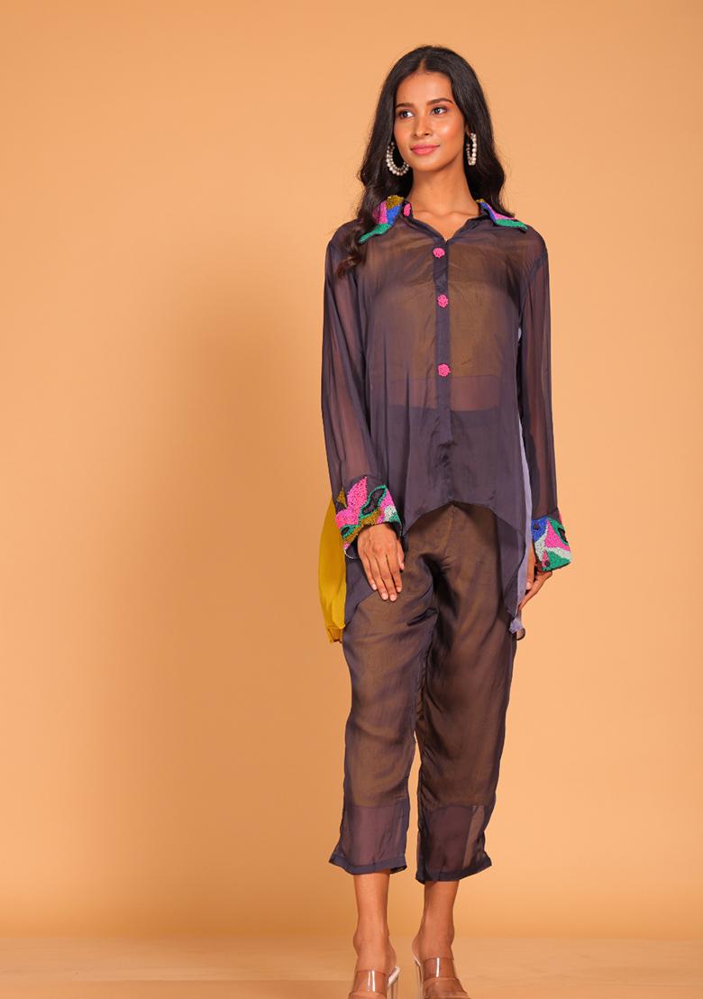 Blue Embroidered Pure Silk Kurta Set - Indya
