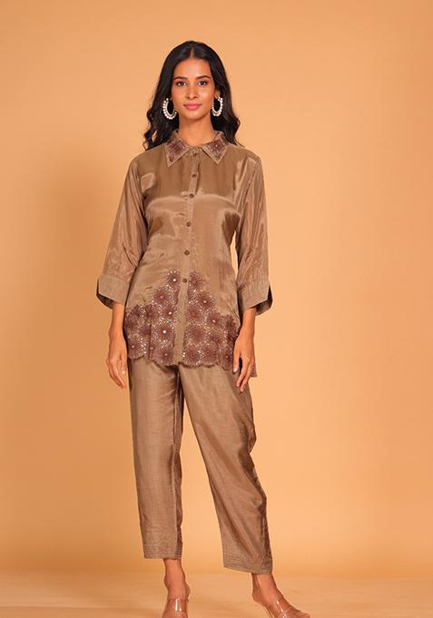 Grey Embroidered Poly Crepe Kurta Set