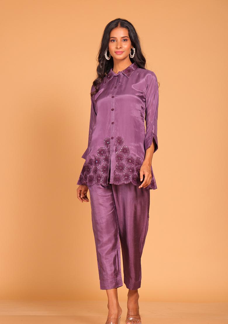 Purple Embroidered Poly Crepe Kurta Set