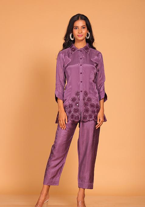 Purple Embroidered Poly Crepe Kurta Set