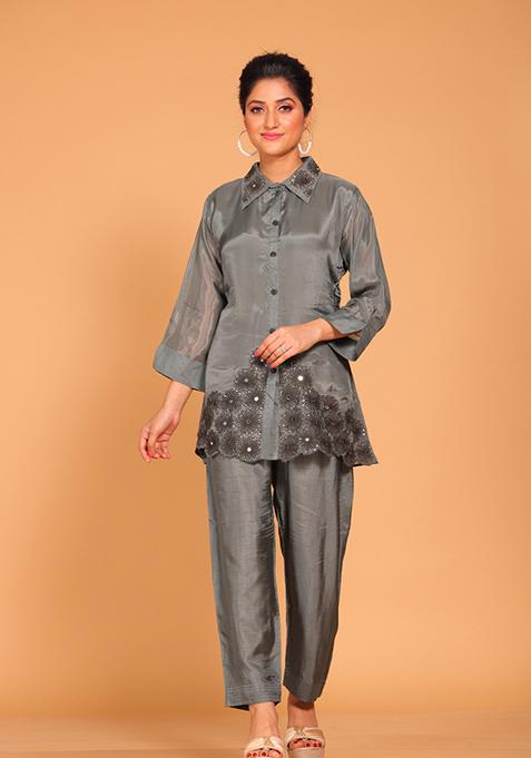 Grey Embroidered Poly Crepe Kurta Set