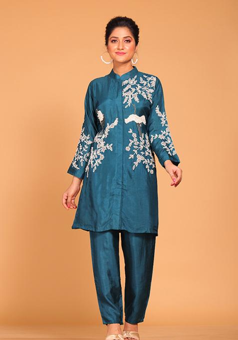 Green Embroidered Pure Silk Kurta Set