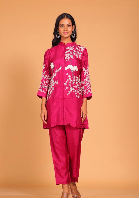 Red Embroidered Pure Silk Kurta Set