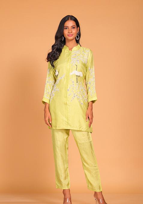 Yellow Embroidered Pure Silk Kurta Set