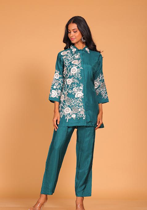 Sea Green Embroidered Pure Silk Kurta Set