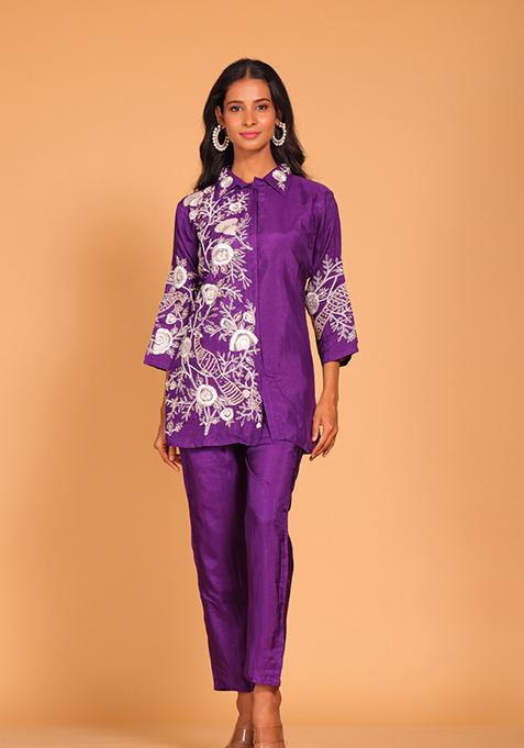 Purple Embroidered Pure Silk Kurta Set