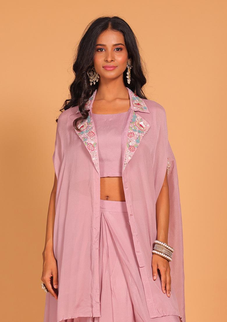 Rust Embroidered Poly Chiffon Jacket Set