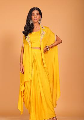 Yellow Embroidered Pure Chiffon Jacket Set