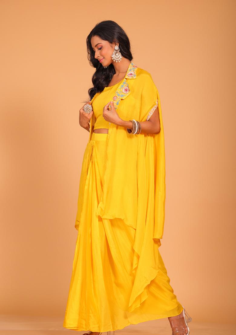 Yellow Embroidered Pure Chiffon Jacket Set