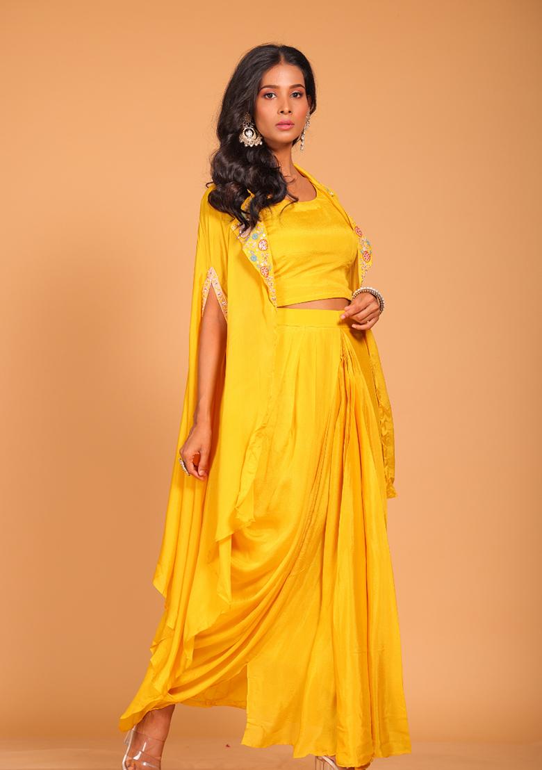 Yellow Embroidered Pure Chiffon Jacket Set