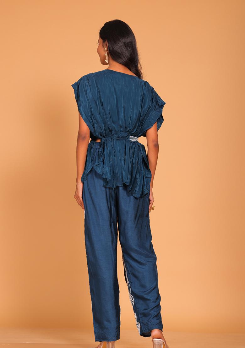 Blue Embroidered Pure Silk Kurta Set - Indya