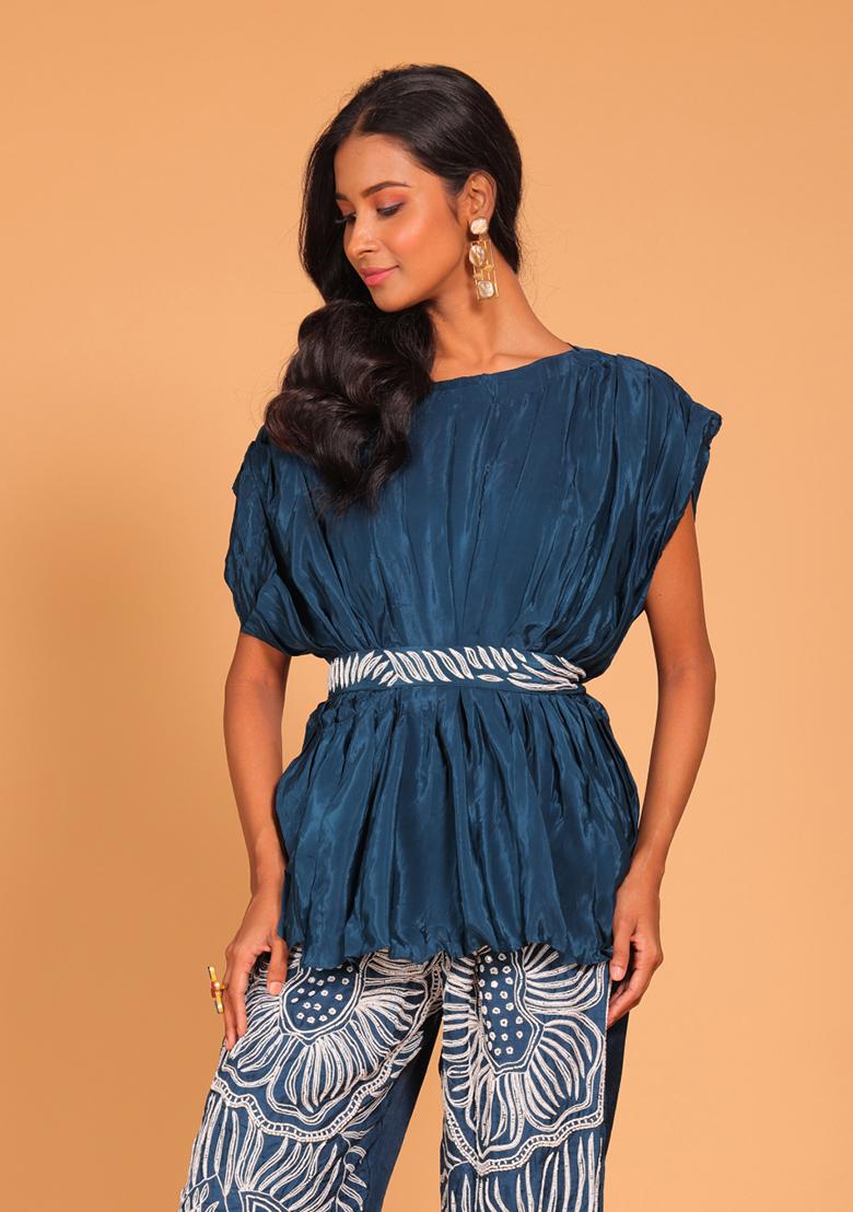 Blue Embroidered Pure Silk Kurta Set - Indya