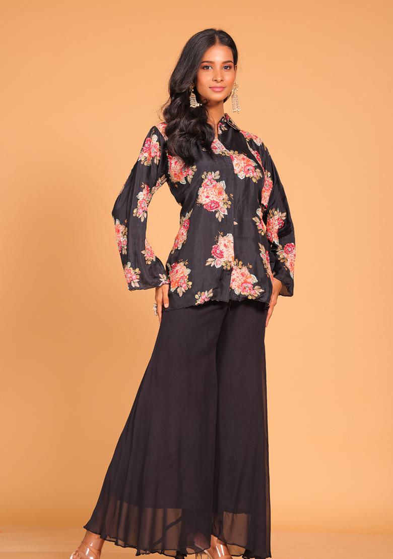Black Embroidered Pure Silk Palazzo Set - Indya