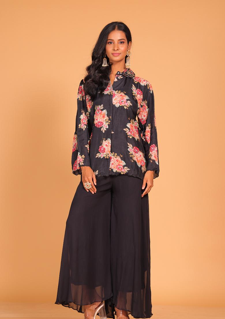 Black Embroidered Pure Silk Palazzo Set - Indya