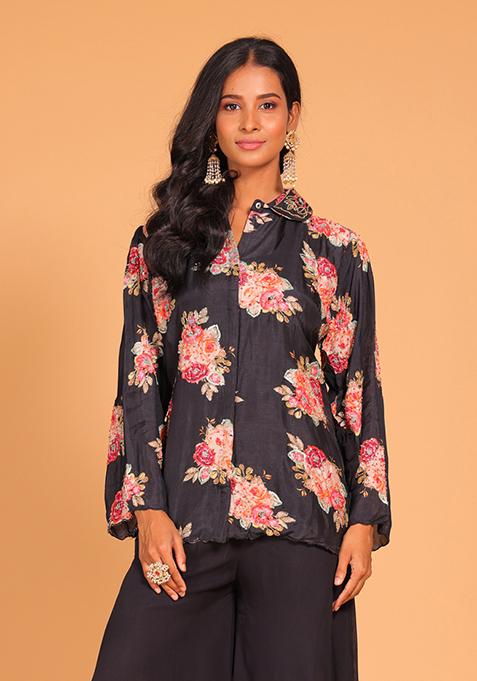 Black Embroidered Pure Silk Palazzo Set